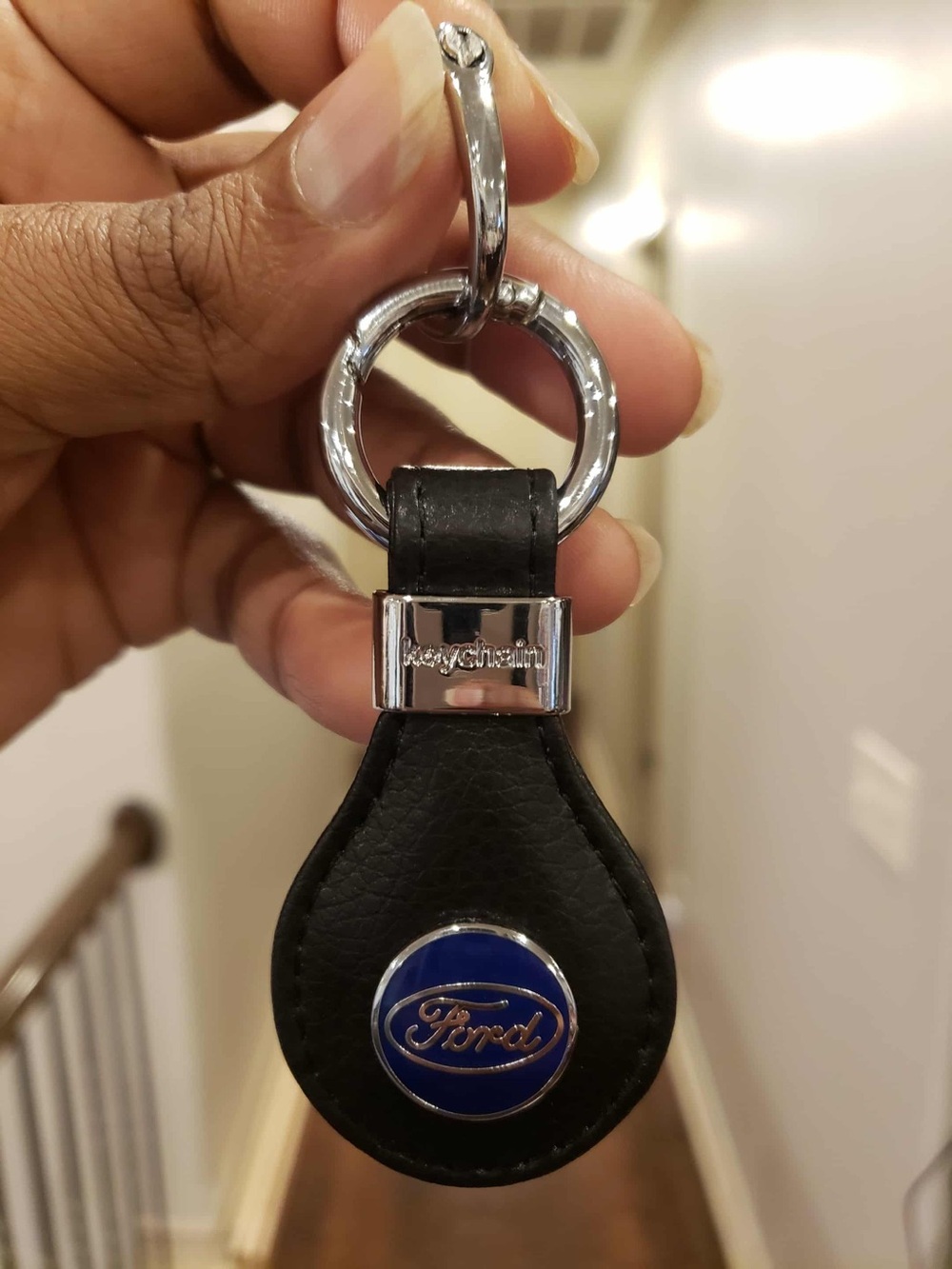 FORD Black Leather Dark Blue Chrome Logo Keychain